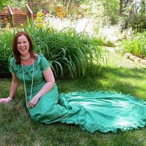 Custom made heavy cotton eyelet dress in green